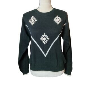 Vintage Devon Sz Petite Large Black Embroidered Pearl Bead Sweater Crew Neck